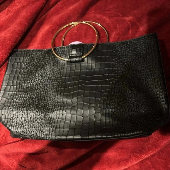 🖤⭐️Free!NEW!! Black Faux  Croc Double Top Handle Bag - Picture 6 of 11